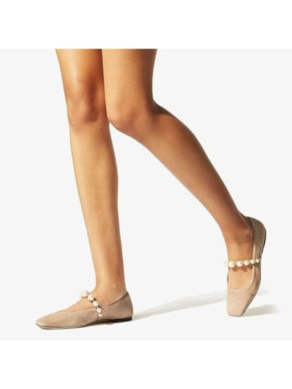 FOWT Women Square Toe Slip on Flats Pearl Studded Strap Elegant Pumps Nude